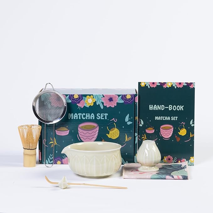 Matcha Whisk Set - 7pcs Japanese Tea Ceremony Kit with Spouted Bowl & Bamboo Whisk, Matcha Starter Kit for Beginners - Authentic Green Tea Accessories, Gift Set for Lovers-Pale Yellow