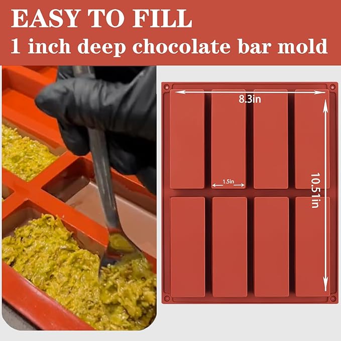 Rectangle Silicone Molds For Baking，1 Inch Deep Chocolate Bar Mold - 8 Cavity，Homemade Granola Cereal Candy Bar Mold - Set Of 2