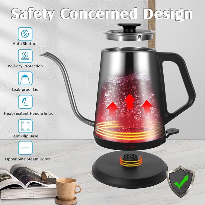 1L Electric Gooseneck Kettle, Tea Kettle for Boiling Water, Gooseneck Electric Kettle for Coffee & Tea, Fast Boiling for Pour Over, Auto Shut-Off, Boil-Dry Protection, 360° Rotational Base - Silver