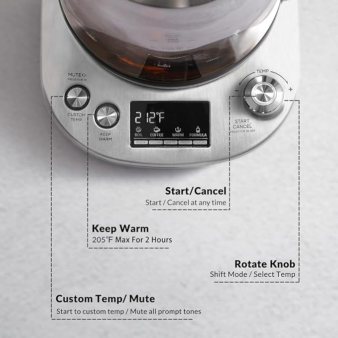 Mecity Electric Tea Kettle with Removable Infuser, 9 Preset Brewing Programs, Temperature Control, 2 Hours Keep Warm, Borosilicate Glass, 1.7 Liter, 1200W