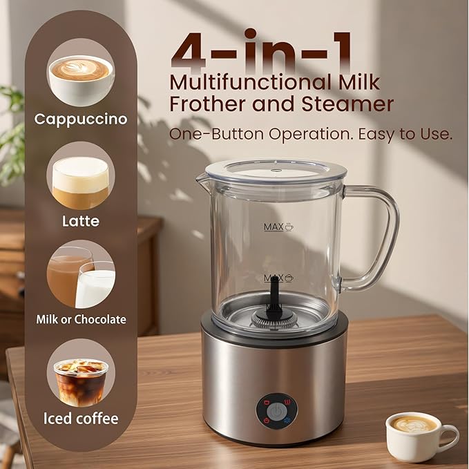 Detachable Milk Frother, 4 in 1 Milk Frother and Steamer Dishwasher Safe, Glass Frother 16.9oz Hot and Cold Foam Maker, Electric Milk Frother for Coffee, Latte, Hot Chocolate (Brushed)