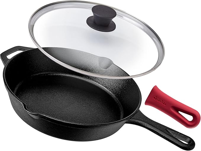 Cuisinel Pre-Seasoned Cast Iron Skillet (10-Inch) with Glass Lid and Handle Cover Oven Safe Cookware - Heat-Resistant Holder - Indoor and Outdoor Use - Grill, Stovetop, Induction Safe