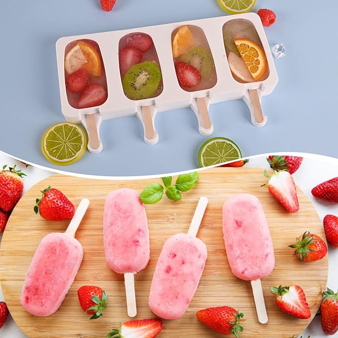 Sakolla 3 Pack Large Popsicle Molds 4 Cavities Cake Pop Silicone Molds Oval Ice Cream Cakesicle Molds for Homemade Ice Pop with 100 Wooden Sticks