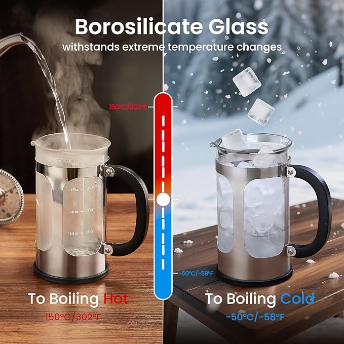 BAYKA 34oz French Press Cold Brew Coffee Maker, Heat and Cold Resistant Thickened Borosilicate Glass Stainless Steel Coffee Press, Iced Coffee Pot Tea Pitcher for Kitchen Travel Camping,1 Liter,Silver