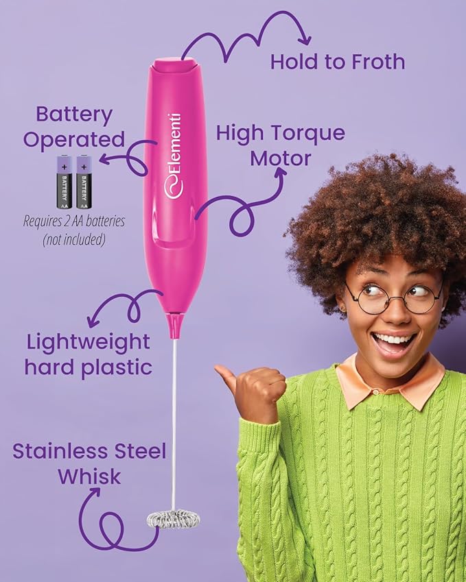 Elementi Pink Milk Frother Wand & Matcha Mixer, Mini Electric Whisk - Coffee Mixer Wand - Coffee Stirrers Electric Matcha Whisk (Hot Pink)