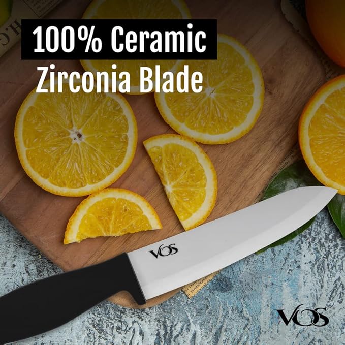 Vos Ceramic Knife Set with Peeler, Ceramic Knives Set For Kitchen, Ultra Sharp Kitchen Knife Set with Covers, 3" 4" 6" Paring, Utility & Chef Knife, Lightweight, Dishwasher safe (Black Handle)