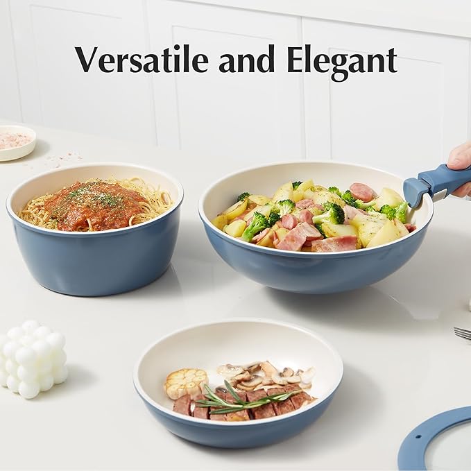 Redchef Ceramic Cookware Set, Removable Handle Pots and Pans Non-Stick, Rv Cookware Set, Non-Toxic Pots and Pans Set No PFAS, PTFE, PFOA, Detachable Pots and Pans, Dishwasher & Oven Safe(Blue)