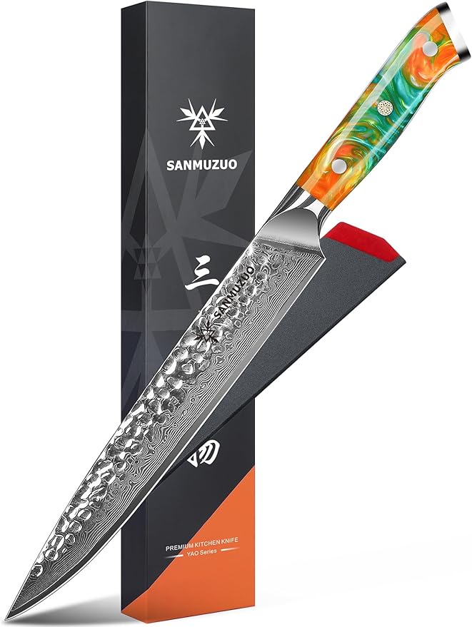 9 Inch Carving Knife, Slicing Knife - Hammered Damascus Steel & Resin Handle - Yao Series
