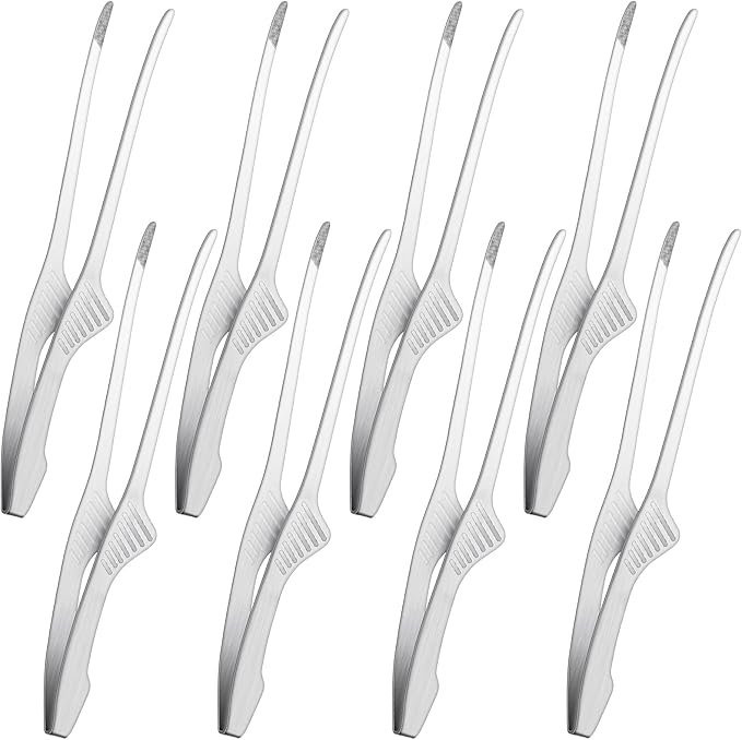 Patelai Korean and Japanese BBQ Tongs Non Slip Cooking Utensils Stainless Steel Tongs for Serving Food, Salad, Camping, Barbecue, Buffet, Oven with Support Stand(Silver,8 Pieces)