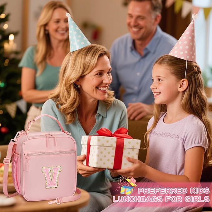Initial Insulated Lunch Bag for Girls Kids, Back to School Gift, Reusable Leak-proof Lunch Box with Adjustable Strap for School Daycare Travel Picnic (Pink,V)