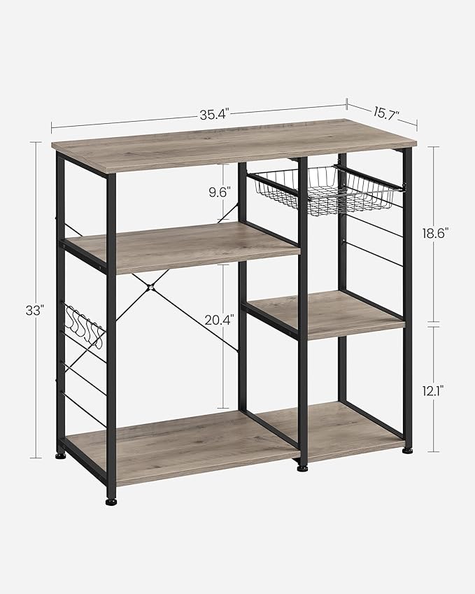 VASAGLE ALINRU Kitchen Baker’s Rack, Coffee Bar, Microwave Oven Stand, with Steel Frame, Wire Basket, 6 Hooks, for Mini Oven, Spices Utensils, Industrial, Greige and Black UKKS090B02