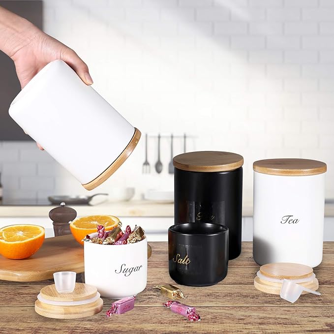 Yangbaga Black Ceramic Canister Set for Kitchen-Set of 3 Kitchen Canisters for Countertop with Airtight Wood,Large Kitchen Storage for Flour,Suger,Coffee-Modern Countertop Decor