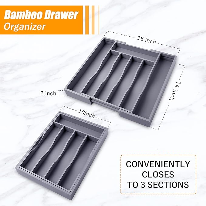 Kitchen Silverware Drawer Organizer and Storage Bamboo Wood Cooking Utensil Holder Cutlery Knife Jewelry Spice Rack Spoon Fork Multi Cabinet Organization Bathroom Counter Expandable Adjustable Tray