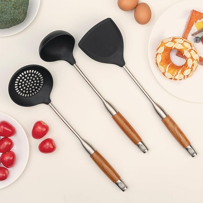 FJNATINH Silicone Wok Spatula,Ladle,Skimmer - Stainless Steel Wok Tools, Wok Utensil - Resistant Cooking Utensils BPA Free Kitchen Utensils Cookware Wooden Handle,3 Pieces