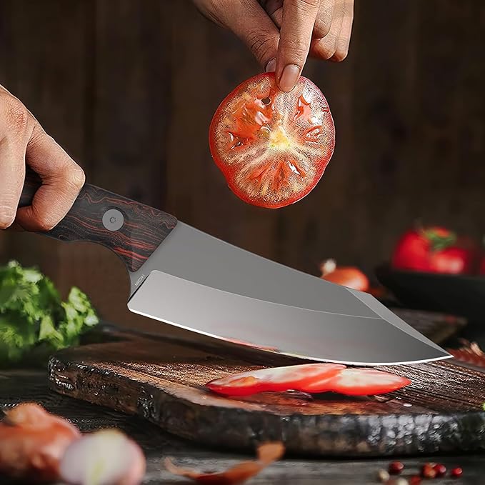 FINTISO 14C28N Steel Viking Knife, Japanese Butcher Knife with G10 Handle, Ultra Sharp Meat Cleaver Boning Knife for Meat Cutting, Outdoor Kitchen Chef Knife Best Gift (Red)