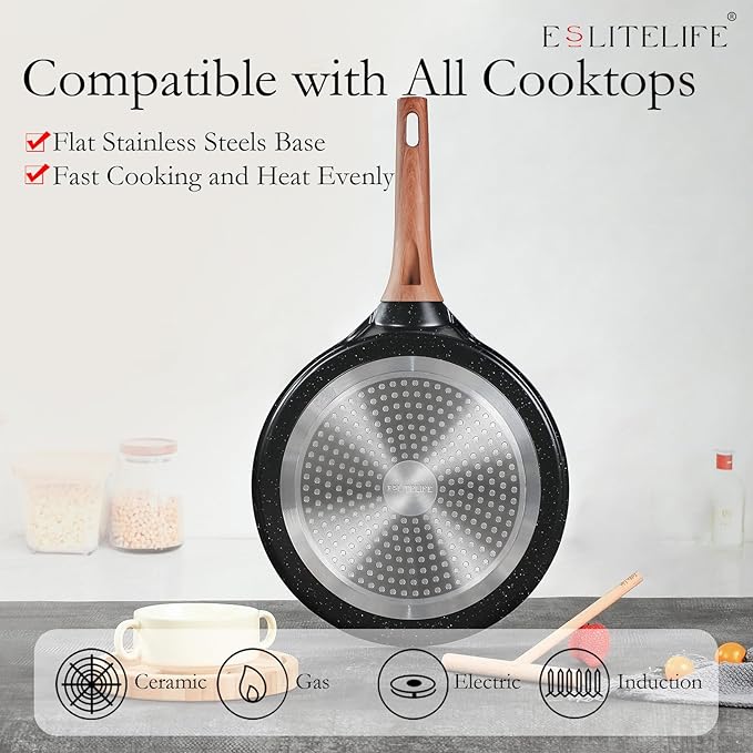 ESLITE LIFE 9.5 Inch Crepe Pan with Spreader, Nonstick Ceramic Flat Skillet Dosa Tawa Comales Para Tortillas Pancake Pan, PTFE & PFOA Free, Black