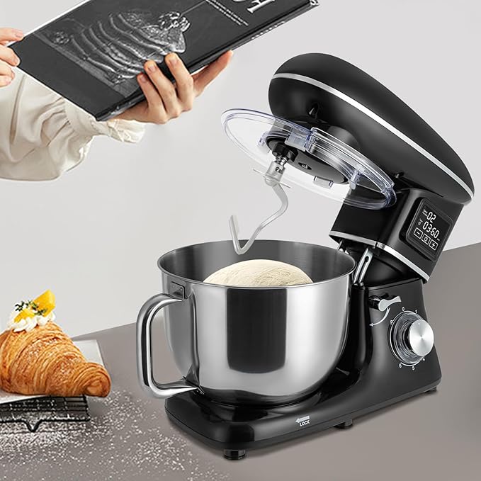 Stand Mixer 1350W Electric Tilt-Head Mixer with 6.5 QT Stainless Steel Bowl, 6 Speed with Pulse Kitchen Mixer, Food Mixer with Dough Hook, Flat Beater, Whisk, Splash Guard (Black)