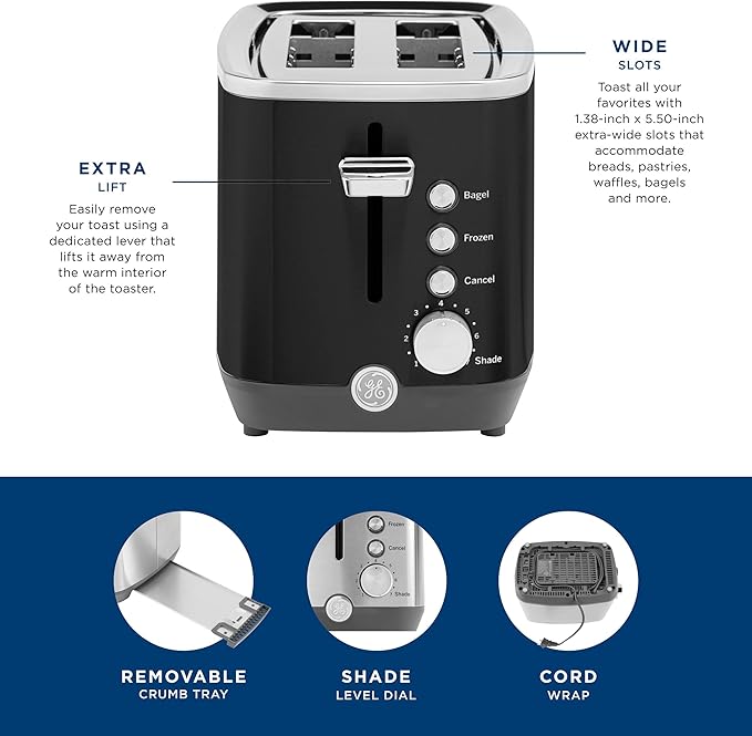 GE 2 Slice Black Stainless Steel Toaster, Extra Wide Slots for Toasting Bagels, Breads, Waffles & More, 7 Adjustable Shade Settings, Removable Crumb Tray, Countertop Kitchen Essentials, 850 Watts