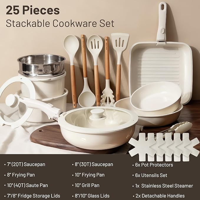 KIKCOIN Ceramic Nonstick Pots and Pans Set - Cookware Set with Detachable Handle - 25 Pack Stackable Cooking Set for RV Kitchen, with Frying Pans, Steamer - Induction/Dishwasher/Oven Safe, PFOA Free