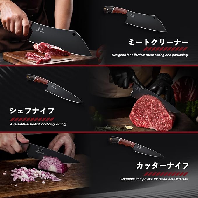Japanese Chef Knife Set - 3 PCS Kitchen Utility Knife Sets for Cooking, Meat Cleaver Knives Set with Full Tang Wooden Handle, Gift for Birthday