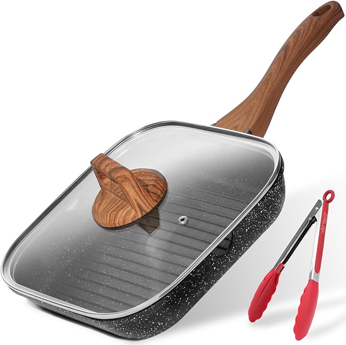 ESLITE LIFE 11 Inch Nonstick Grill Pan with Lid for Indoor Cooking, Versatile Induction Square Large Grilling Skillet Steak Pan for Stove Tops, PTFE & PFOA Free, Black