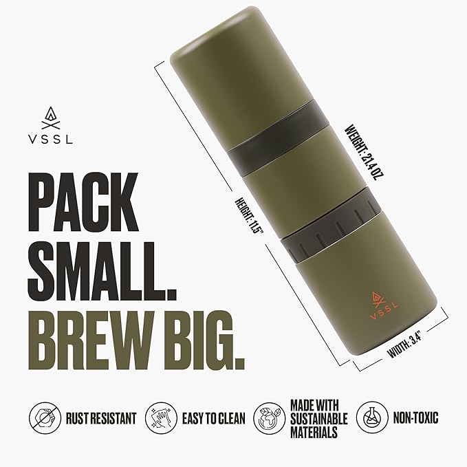VSSL - Nest Pour Over Coffee Kit | Coffee Maker for Camping | All-In-One Travel Pour Over | Transportable Dripper, Two 10oz Stainless Steel Travel Mugs | Compact Storage & Adventure Ready | Deep Moss