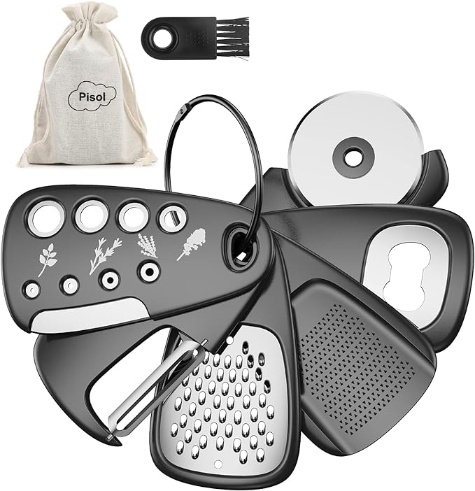 Pisol Kitchen Unique Gadgets Set 6 Pieces, Space Saving, Cheese Grater, Bottle Opener, Fruit Vegetable Peeler, Pizza Cutter, Garlic Ginger Grinder, Herb Stripper Gift Set