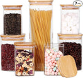 Glass Storage Canister with Wooden Lid, Set of 7 Square Glass Jars with Bamboo Lids, Glass Food Storage Containers for Pasta, Cereal, Flour, Sugar, Best for Kitchen & Pantry