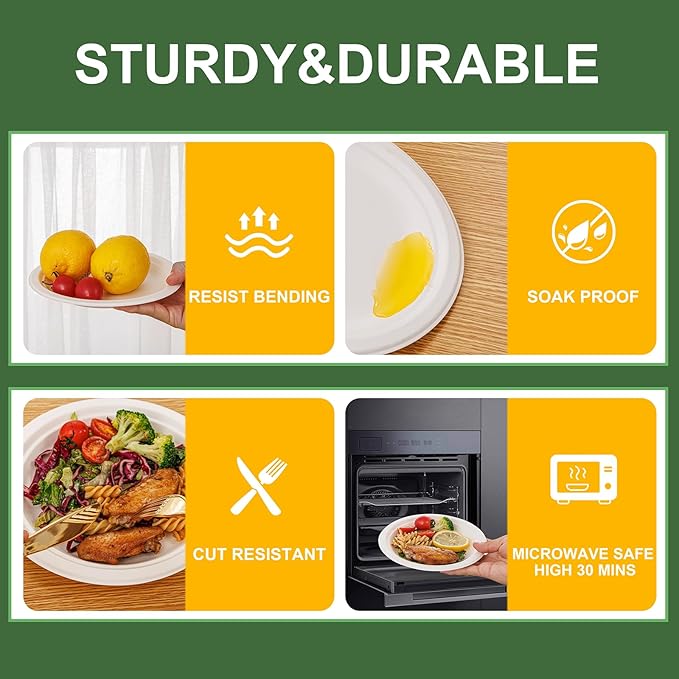 WELLIFE 7 Inch Paper Plates, 125-Pack Small Dessert Paper Plates Bulk, 100% Compostable Biodegradable Bagasse, Eco-Friendly Disposable Plate for Dessert,BBQ,Picnic,Party (BPI Certified,Microwaveable)