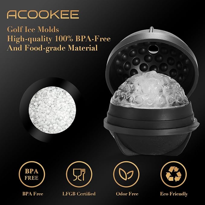 Golf Gifts Ball Ice Maker Mold set of 4, 2.5" Large Sphere Round Ice Cube Mold for Whiskey, Cocktails, Coffee, Soda, Fun Drinks, and Gifts,Leak-Free, Reusable, BPA-Free