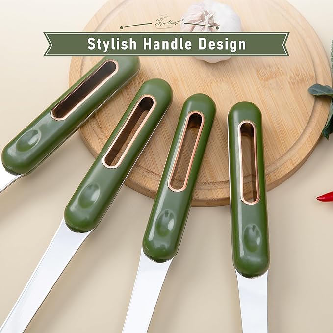 FJNATINH Wok Spatula and Ladle Skimmer Spoon - Stainless Steel Cooking Utensils Set of 3,Kitchen Wok Utensils Set,Green Handle