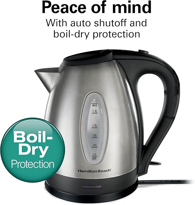 Hamilton Beach Electric Tea Kettle, Water Boiler & Heater, 1.7 Liter, Cordless Serving, 1500 Watts for Fast Boiling, Auto-Shutoff and Boil-Dry Protection, Stainless Steel (40880)