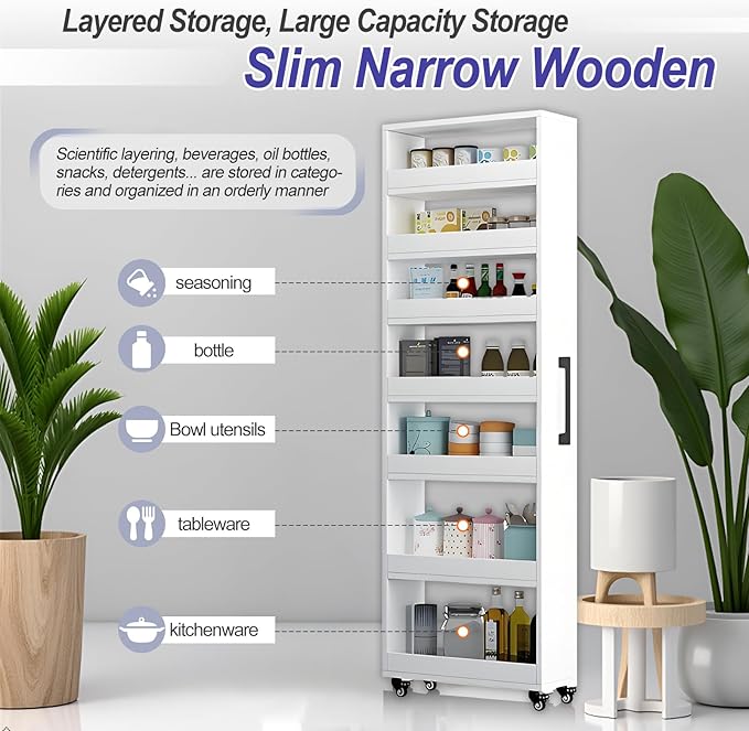 7-Tier Slim Storage Cart, Wooden Rolling Pantry Cabinet with Wheels, Narrow Shelf Organizer for Kitchen, Bakers Rack, Dining Room, Closet, Small Spaces Dark Walnut 73.2''H*7.8''W*19.6''D