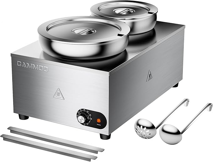 20qt 2-in-1 Electric Soup Warmer and Steam Table Food Warmer, 1200W Stainless Steel Bain Marie Pot, 86~185°F Adjustable Temp, Commercial Soup Kettle for Catering Restaurant Buffet