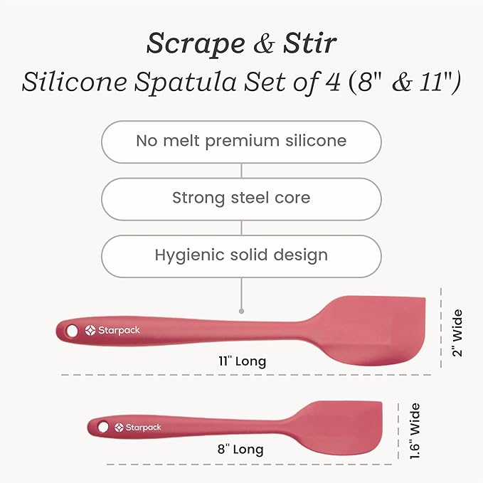 StarPack 'Scrape & Stir' Silicone Spatula Set (4 Pcs) - Heat Resistant Spatula Set 600°F - Food Grade Kitchen Spatulas - Nonstick Silicone Baking & Cooking Spatulas - Rubber Turner Set for Kitchen Use