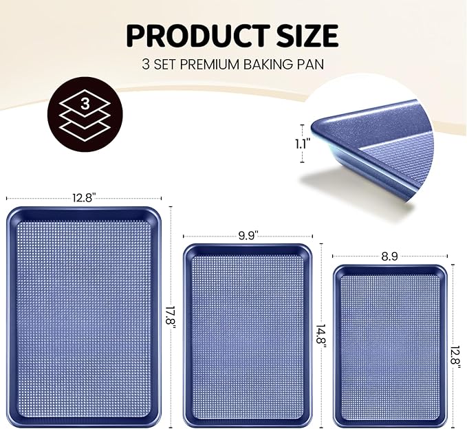 Vinino Baking Sheet Set of 3, Cookie Sheets For Baking with Square Texture Pattern, Thicker Carbon Steel Non-stick Baking Pan Half/Quarter/Jelly Roll Pans Tray for Oven-Blue