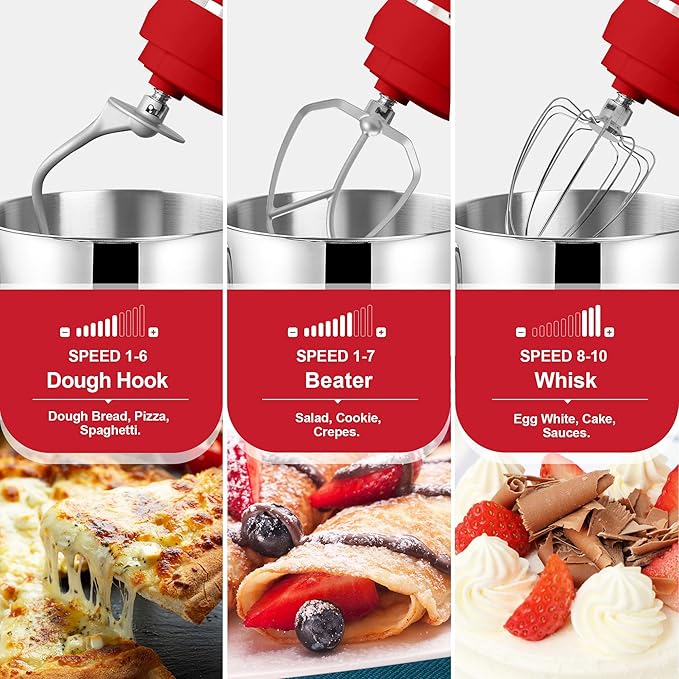 Kitchen in the box 7QT 900W 10-Speed Stand Mixer, Tilt-Head Kitchen Electric Mixer with Dough Hook, Whisk & Flat Beater(Red)
