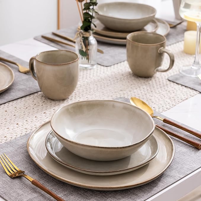 AmorArc Ceramic Dinnerware Sets,Handmade Reactive Glaze Stonewre Plates and Bowls Sets,Highly Chip and Crack Resistant | Dishwasher & Microwave Safe Dishes Set,Service for 4 (12pc)