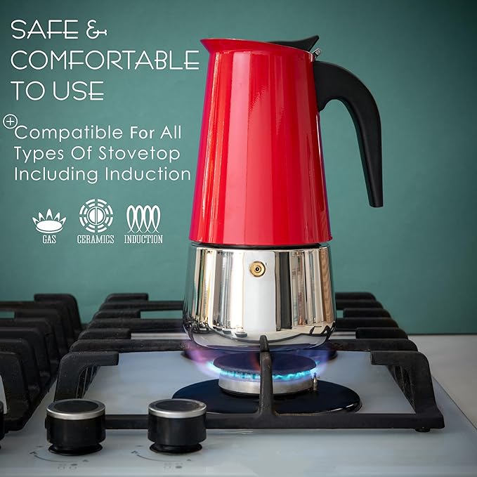 Mixpresso Red 9 Cup Greca Stovetop Espresso Pot 450ml/15oz, Moka Pot with Coffee Percolator Design, Stainless Steel Stove Top Coffee Maker for Camping or Home Use,Italian Stovetop Espresso Maker