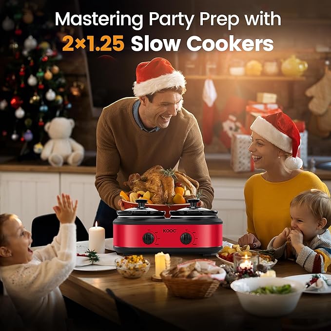 KOOC Double Small Slow Cooker, Buffet Server and Warmer, 2 Mini Pots with 3 Individual Adjustable Temp, Dual Ceramic Pots, Free Liners for Easy Clean-up, Stainless Steel, Total 2.5 Quart, Red, Round