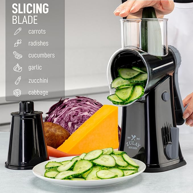 Zulay Kitchen Rotary Cheese Grater 5 Blade Cheese Shredder - Manual Hand Crank Cheese Grater With Reinforced Suction & 5 Interchangeable Drums - Easy to Use, Vegetable Chopper Round Mandoline Slicer