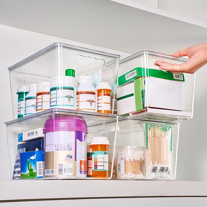 theaoo Clear Storage Bins with Lids Stackable - Large Plastic Containers for Pantry Organization and Storage - Perfect for Kitchen,Fridge,Laundry Room,Bathroom,Garage,Closet,Cabinet Organizer - 6 Pack