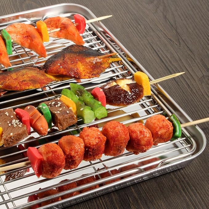 Baking Sheet with Rack Set, Yododo Set of 4 (2 Sheets + 2 Racks), Stainless Steel Cookie Sheet Baking Pan Tray with Cooling Rack, Non Toxic & Heavy Duty & Easy Clean - Size of 10 inch