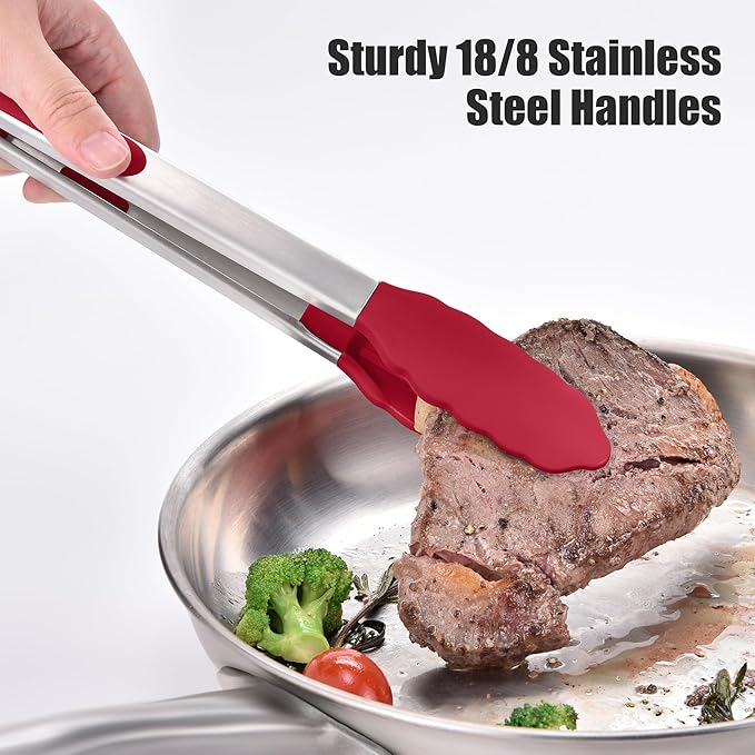 Doosu Kitchen Tongs for Cooking - 600°F Heat Resistant Food Tong with Non-Scratch Silicone Tips, Heavy Duty Stainless Steel Locking Tong for BBQ, Grilling Steak, Serving Salad, Pasta (12in, Red)
