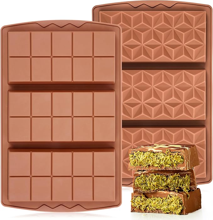 2 Pcs Chocolate Bar Mold Deep Dubai 0.85 Inch Stuffed Chocolate Molds Silicone Large Break Apart Silicone Molds (10 Snap + Pyramid）