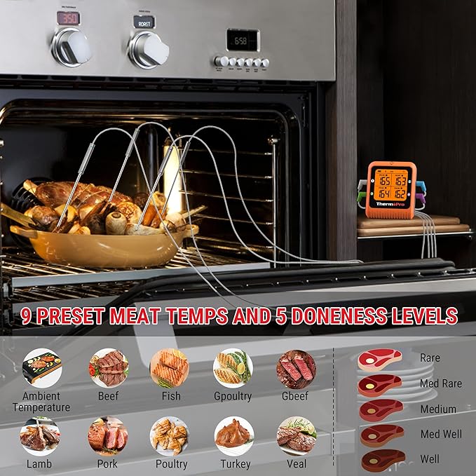 ThermoPro 650 ft Bluetooth Meat Thermometer with 4 Color-Coded Probes, Wireless Meat Thermometer Digital Wireless with Timer, Commercial Cooking Tools & Utensils Rechargeable for Smoker Oven