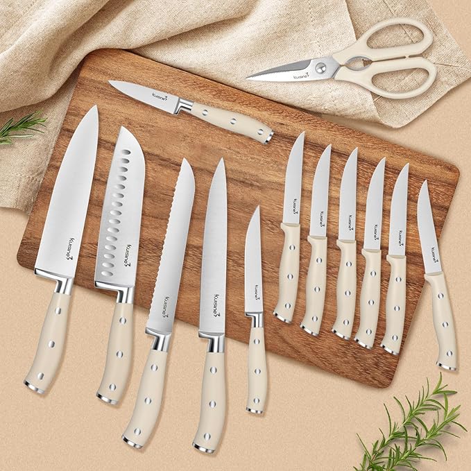 Kuisine Kitchen Chef Knife Block Set,High Carbon Stainless Steel Razor-Sharp Blade Ergonomic Handle,Sharp Knife Set with Built-in Sharpener,Elegant Gift(Irovy-Acacia,15pcs)