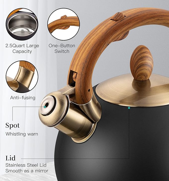 Tea Kettle & Tea Pot, 2.64 Quart Food Grade Stainless Steel Induction Whistling Tea Kettle for Stove Top Home Daily Use Teapot with Cool Touch Ergonomic Handle Polished Black