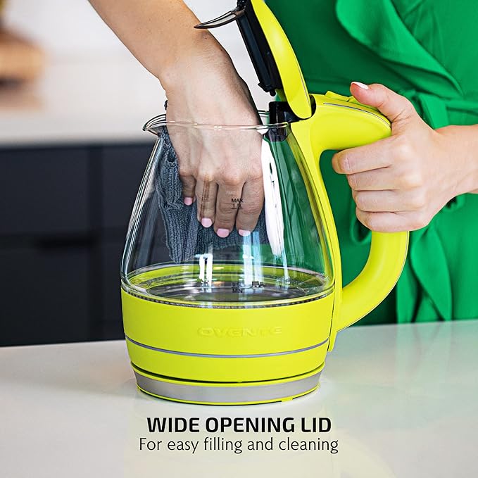 OVENTE Electric Kettle, 1.5L Borosilicate Glass Countertop Water Heater and Boiler for Coffee or Tea, BPA-Free, Auto Shut-Off,  Boil-Dry Protection, Removable and Washable Spout Filter, Green KG83G