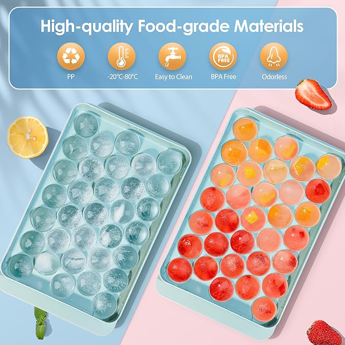 WIBIMEN Ice Cube Tray with Lid and Bin - Round Ice Trays for Freezer with Lid - Ice Cube Trays for Freezer with Ice Container (1"-2PACK Blue)